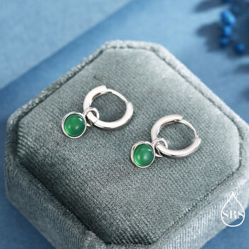 Sterling Silver Dangling Green Onyx Hoop Earrings, 2 of 11