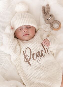 3pcs Embroidered Personalised Romper, Hat And Bootie Set, Perfect Baby Gift, 4 of 8