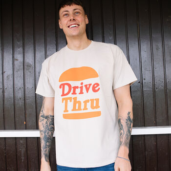 Drive Thru Men’s Slogan T Shirt With Burger Graphic, 2 of 3