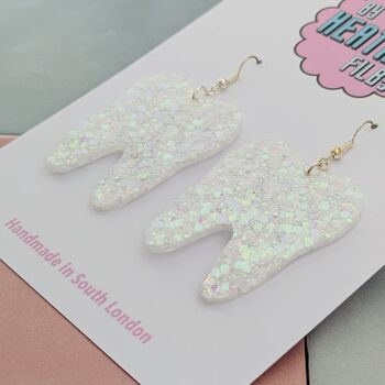 Tooth Glitter Earrings / Dentist Graduation Gift / Dental Hygienist Statement Dangles / Tooth Fairy Novelty Jewellery, 7 of 10