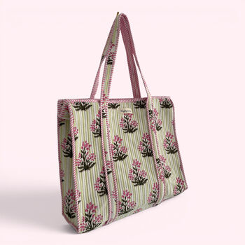 Pink And Green Stripe And Floral Cotton Quilted Tote Bag, 2 of 5
