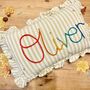 Hand Embroidered Personalised Cushion Green Stripe With Ruffle Trim, thumbnail 1 of 3