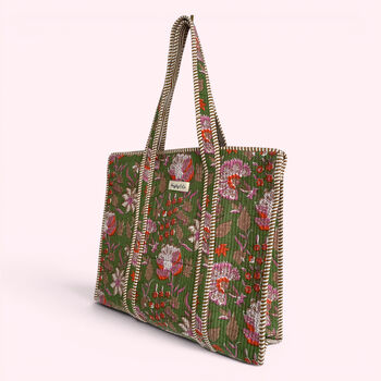 Green Floral Quilted Cotton Tote Bag, 4 of 4
