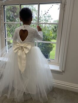 Long Sleeve Lace Flower Girl Dress – Heart Back Tulle Dress For Communion And Christening, 3 of 12