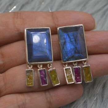 Labradorite, Raw Tourmaline Handmade Silver Earrings, 7 of 9