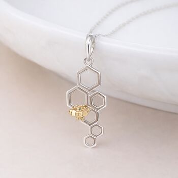 Personalised Sterling Silver And Gold Bee On Honeycomb Pendant Necklace, 2 of 9