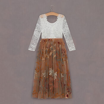 Chantilly Lace Burnt Orange Embroidered Flower Girl Wedding Dress, 5 of 8