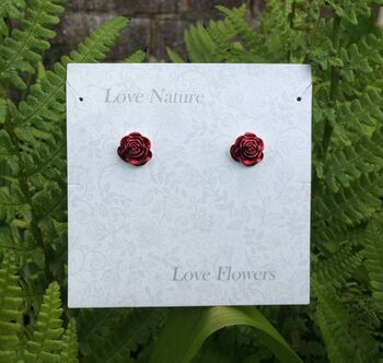 Rose Red Silver Tone Stud Earrings, 3 of 4