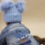 Personalised Baby Blue Double Pom Pom Winter Hat And Booties, thumbnail 9 of 9