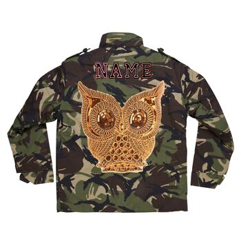 Gold Sparkly Owl Personalised Kids Camo Jacket, 8 of 8