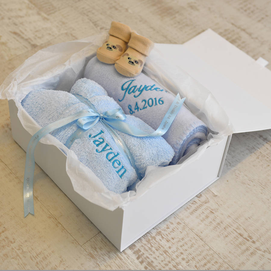Personalised Dressing Gown And Blanket Baby Boy Hamper By A Type Of
