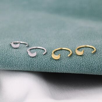 Sterilng Silver Tiny Crescent Moon Huggie Hoop Earrings, 6 of 12