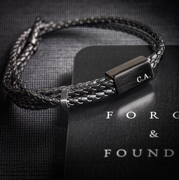 Men's Personalised Engraved Black Adjustable Leather Bracelet With Smooth Sliding Clasp Artisan Jewellery, 2 of 10