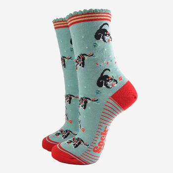 Women's Bamboo Socks Green Red Christmas Cats, 2 of 5