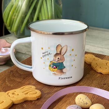 Retro Easter Bunny Check Background Enamel Mug, 7 of 9