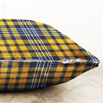 Yellow And Navy Blue Plaid Pattern Cushion Cover, 3 of 4