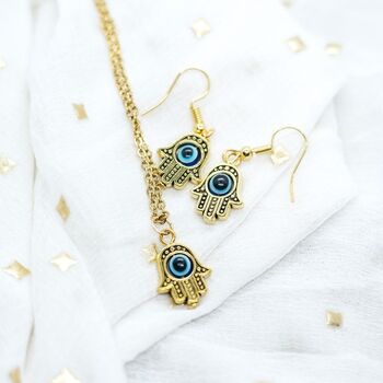 Hamsa Evil Eye Hand Drop Necklace And Earrings, 11 of 11
