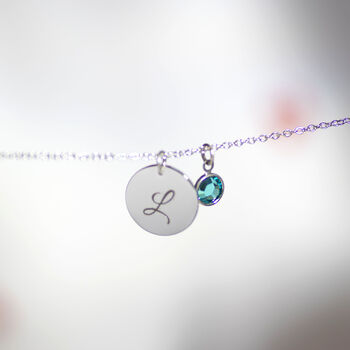 Silver Plated Script Initial Birthstone Disc Necklace, 2 of 9