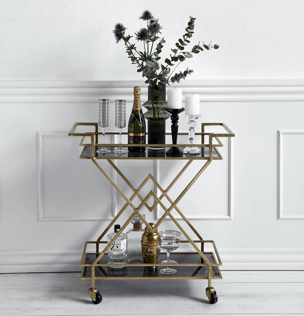 Golden Drinks Trolley With Black Glass, 1 of 2