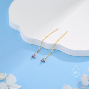 Sterling Silver Purple Cz Trio Flower Threader Earrings, 5 of 11