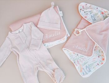 Personalised New Baby Gift Set, Handmade Newborn Blanket And Comforter With Wooden Teether, 2 of 6