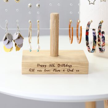Personalised Earring Stand In Light Oak And Acrylic, 3 of 11