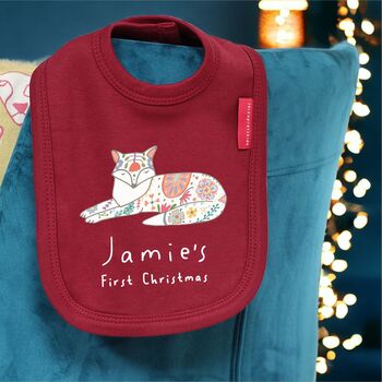 Personalised Nordic Snow Cat First Christmas Bib, 4 of 7