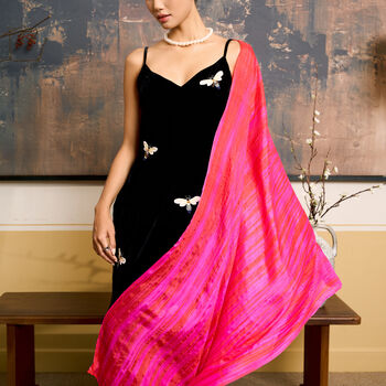 100% Mulberry Silk Scarf, Hot Pink With Red Stripes In Gift Box, 2 of 9