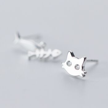 Sterling Silver Cat And Fish Bone Dangle Stud Earrings, 3 of 5