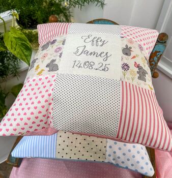 Personalised Pink And Grey Bunny Name Cushion, 6 of 8