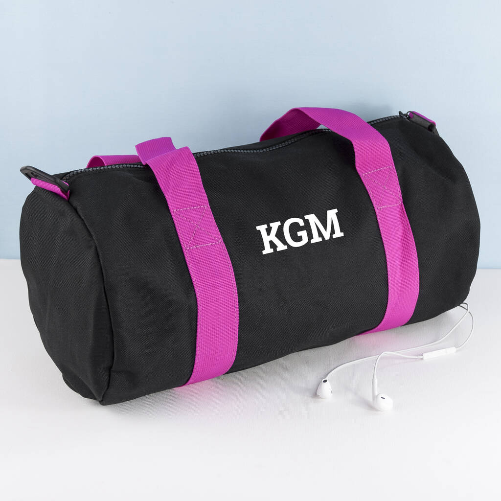 Monogrammed Barrel Gym Bag In Black And Fuchsia, 1 of 8