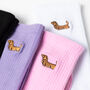 Embroidered Sausage Dog Unisex Cotton Crew Socks, thumbnail 1 of 10