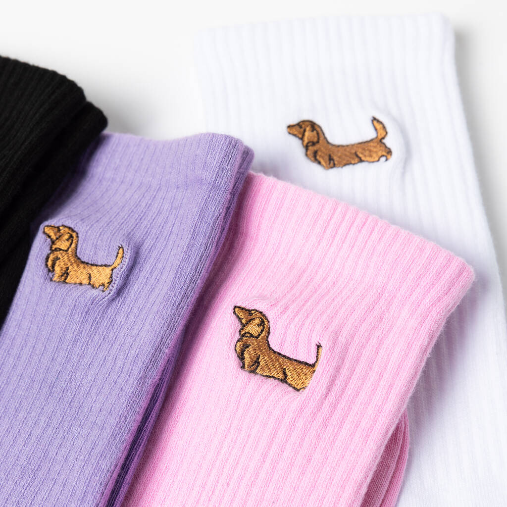 Embroidered Sausage Dog Unisex Cotton Crew Socks, 1 of 10