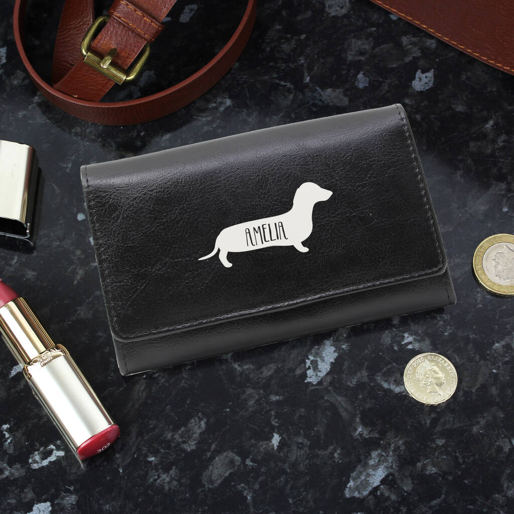 Personalised Leather Sausage Dog Black Purse, 1 of 2