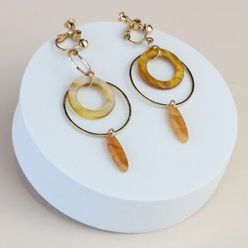 Gold And Orange Circle Dangle Clip On Earrings, 2 of 3