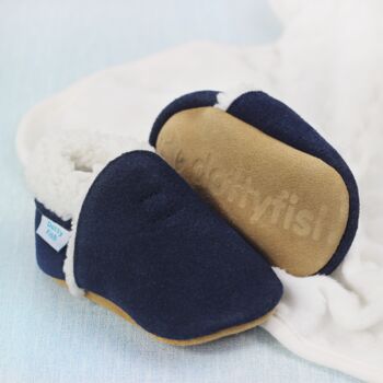 Dotty Fish Navy Soft Suede Baby And Toddler Slippers With Fleece Lining, 5 of 9
