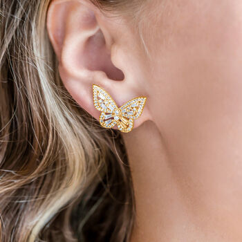Butterfly Shape Crystal Stud Earrings In Gold Colour, 2 of 3