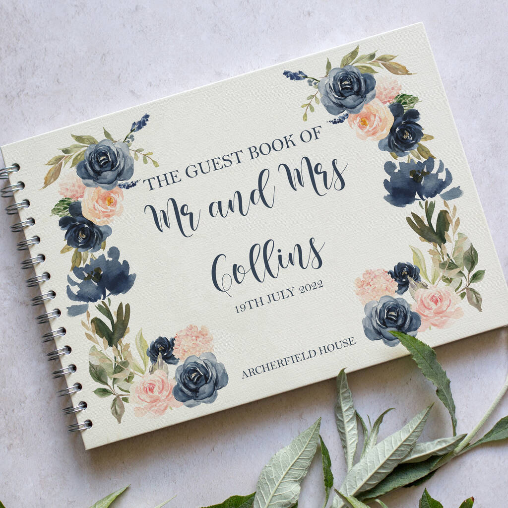 Blush Pink And Navy Roses Wedding Guest Book, 1 of 8