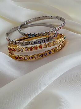 Bezel Set Coloured Gemstone Hinged Bangle In 18k Gold On Stainless Steel, Waterproof Jewellery, 8 of 11