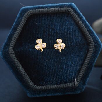 Cz Shamrock Tiny Stud Earrings In Sterling Silver, 7 of 12