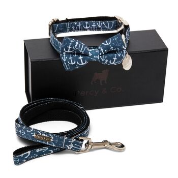 The Salcombe Blue Nautical Dog Collar Bow Tie And Lead Set, 5 of 7