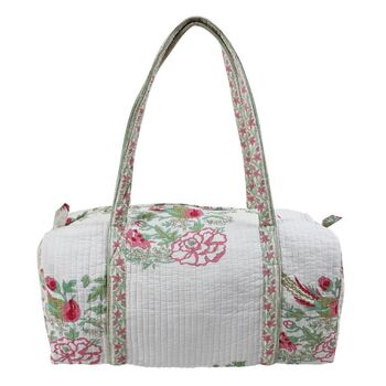 Block Printed Pink And Mint Floral Bird Quilted Duffle Bag, 9 of 9