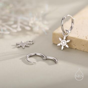 Sterling Silver Dainty Snowflake Huggie Hoop, 4 of 10