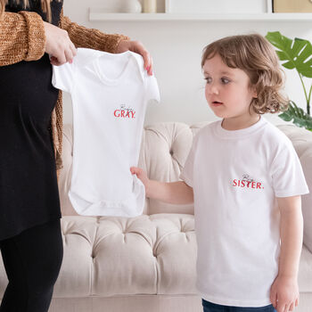 Baby Announcement Bodysuit And Matching Sibling T Shirt, 2 of 3