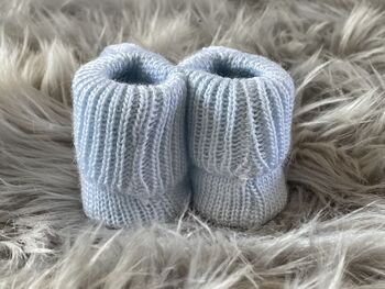 Blue Knitted Baby Booties With Pom Pom, 6 of 7