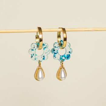 18 K Gold Plated Hoop Earrings With Flower And Pearl Drop, 8 of 11