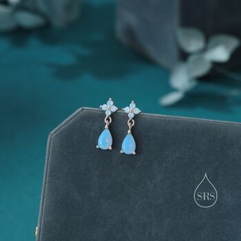 Sterling Silver Four Cz And Droplet Stud Earrings With Opal Blue C Zs, 4 of 12