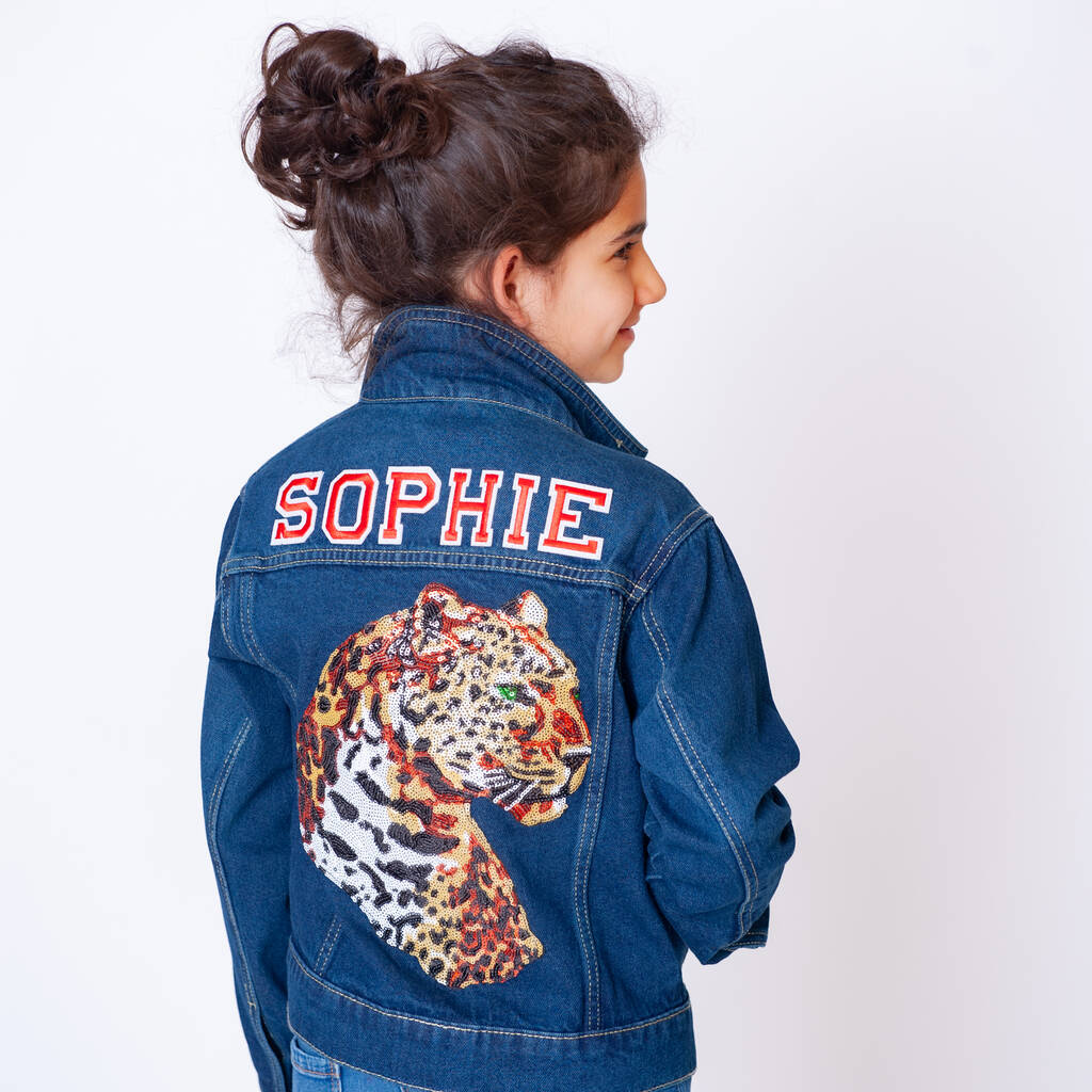 Personalised Kids Denim Jacket With Sequin Leopard, 1 of 8