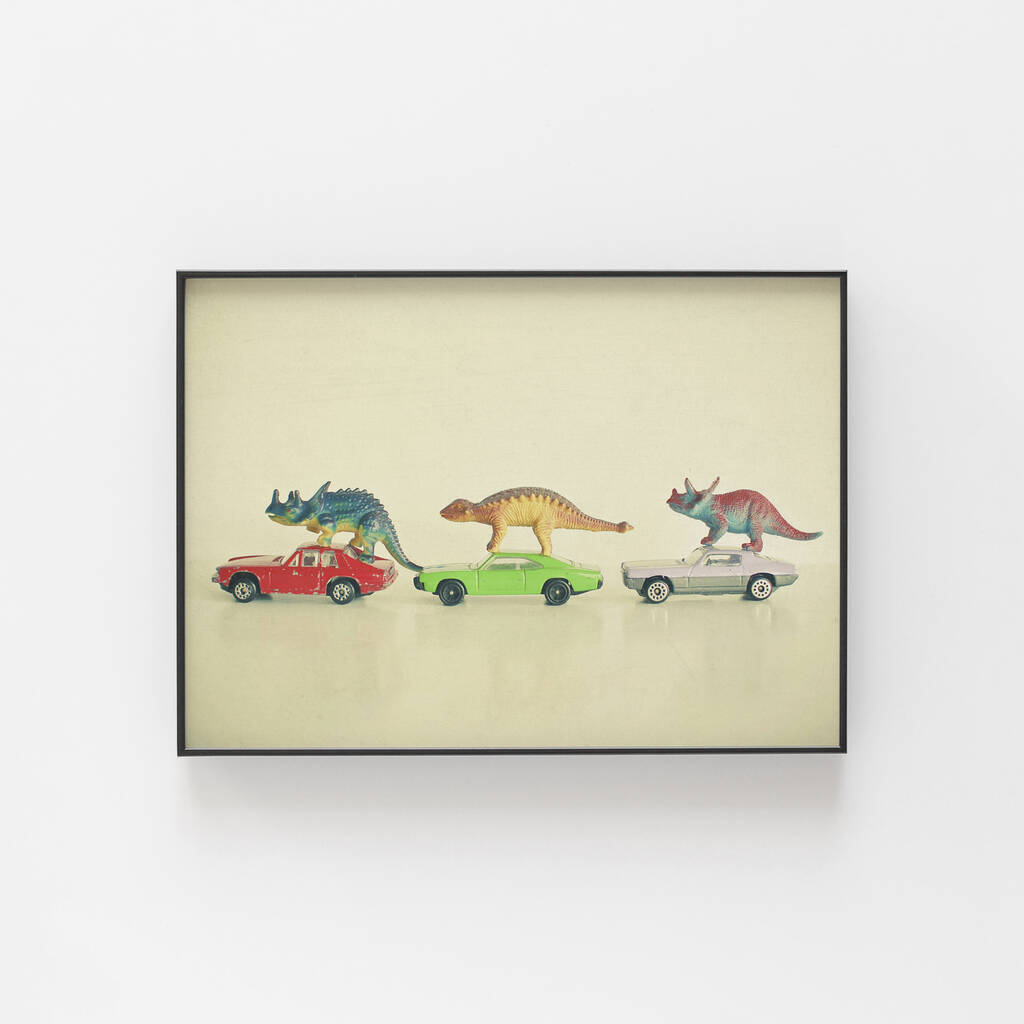 Dinosaurs Ride Cars Retro Print For Kids, 1 of 2