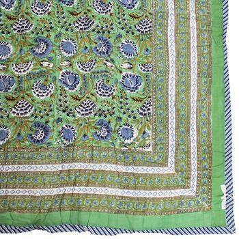 Green And Blue Floral Indian Block Printed Cotton Bed Quilt, 9 of 9